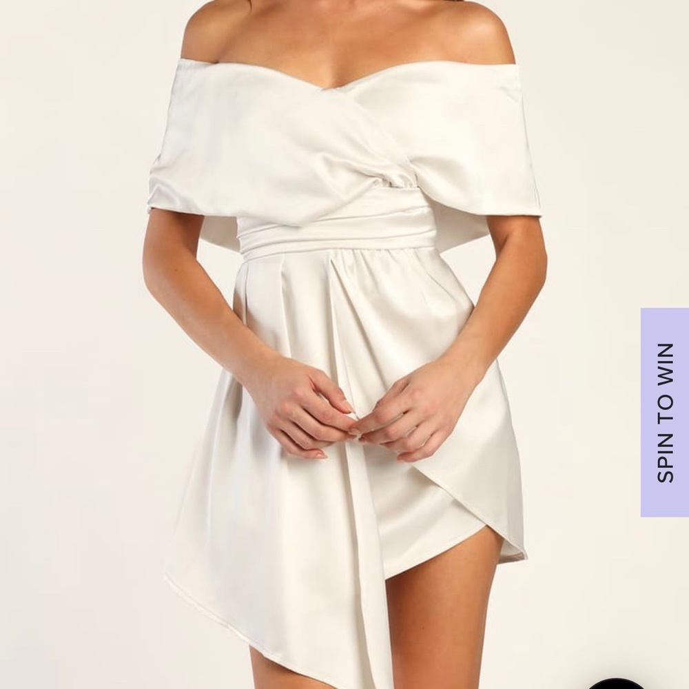 Always Celebrating Ivory Satin Off the Shoulder Mini Dress